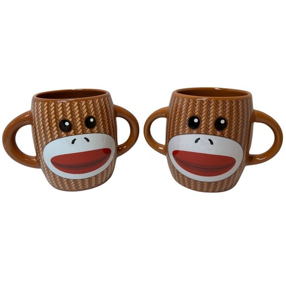 Monkey Hot Cocoa Mugs Set of 2 Kids Fun Ceramic Pottery 2 Handles - Picture 1 of 7